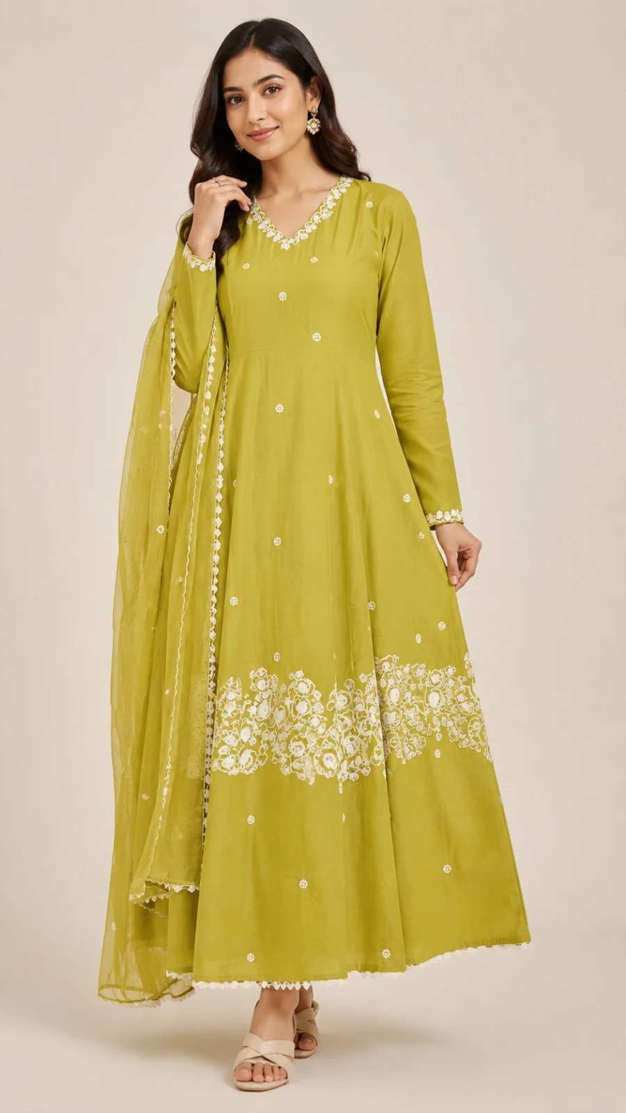 Olive Green Embroidered Flared Kurta Suit Set
