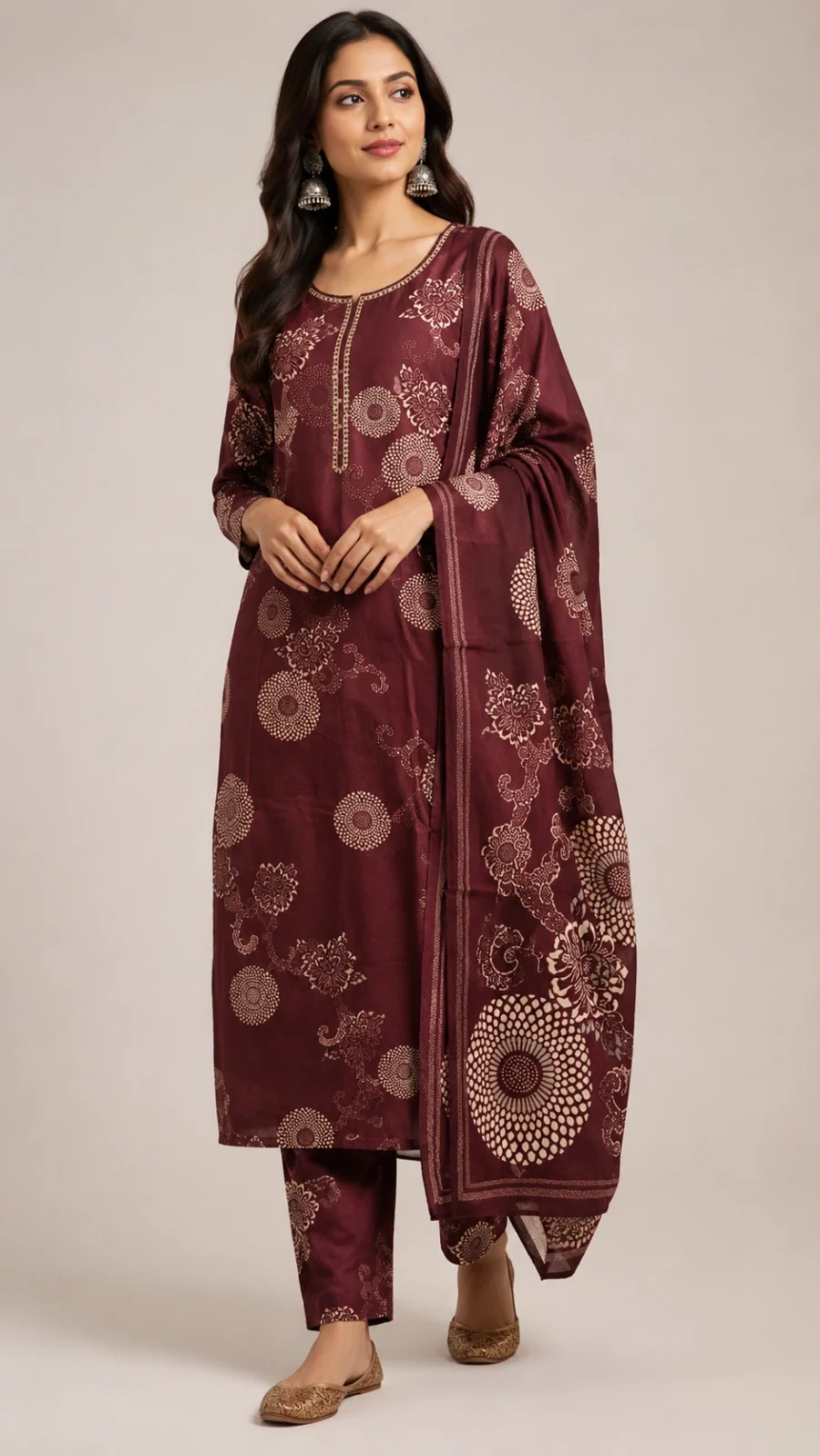 Maroon Floral Print Kurta Set with Dupatta