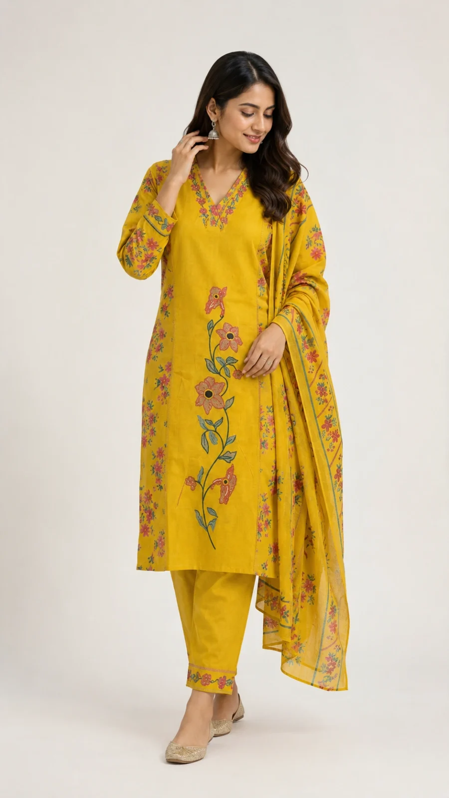Mustard Yellow Floral Printed & Embroidered Suit Set with Dupatta