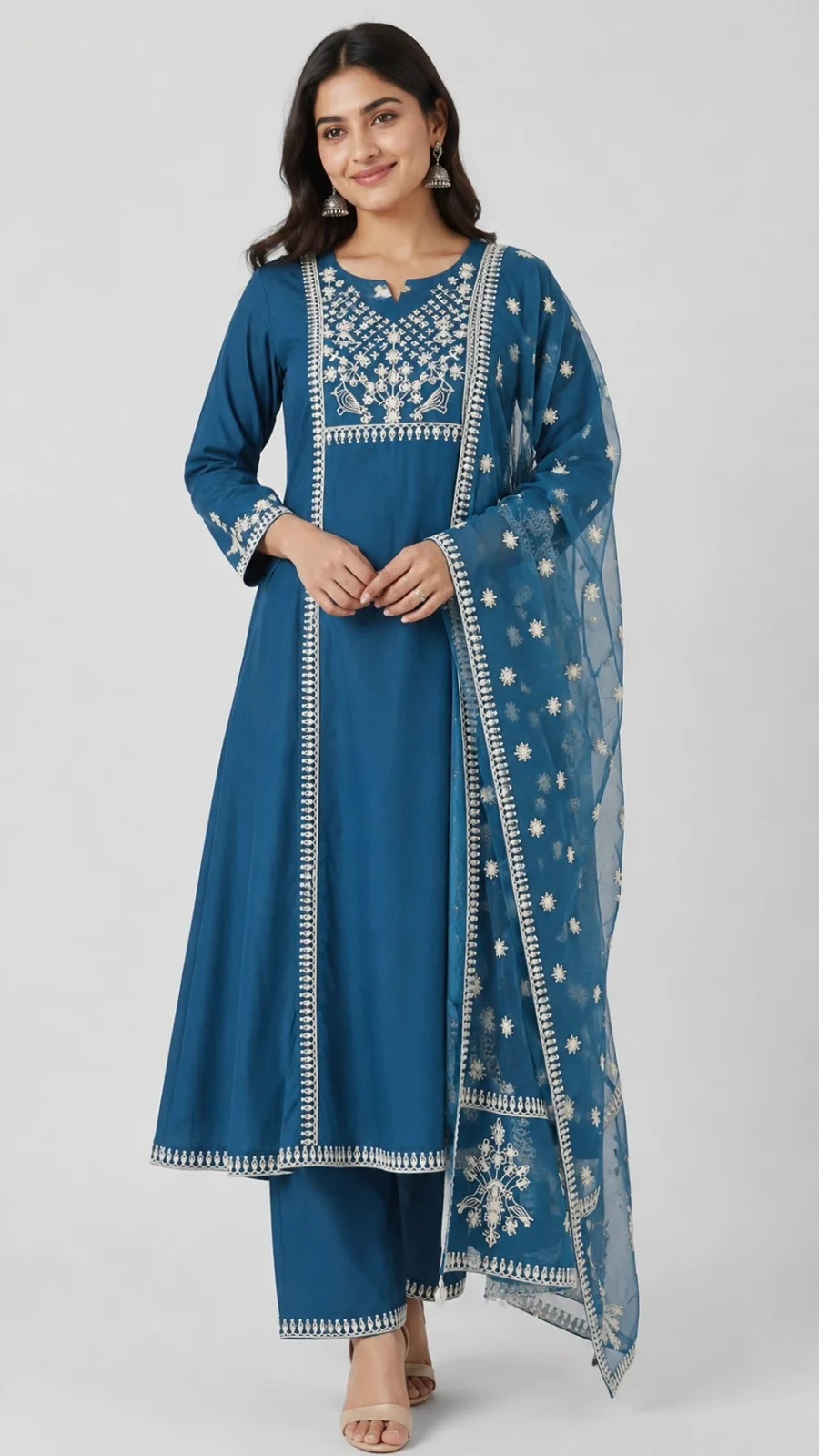 Teal Blue Embroidered A-Line Kurta Set with Printed Dupatta