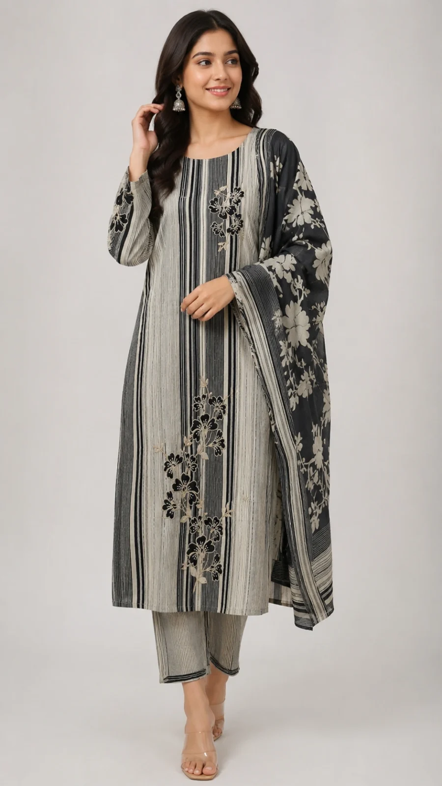 Monochrome Striped Floral Embroidered Suit Set
