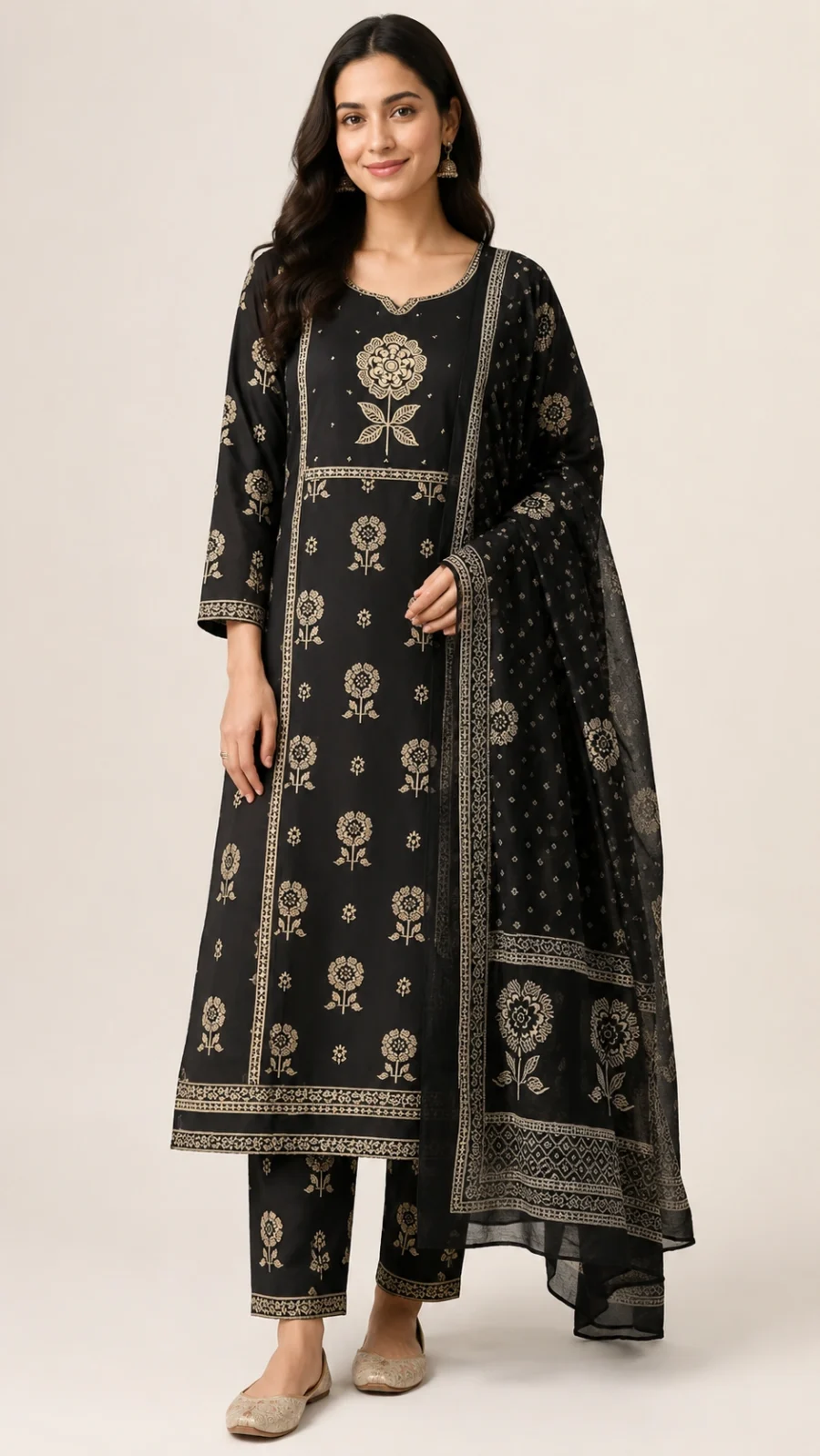 Black & Gold Floral Print Ethnic Suit Set with Dupatta