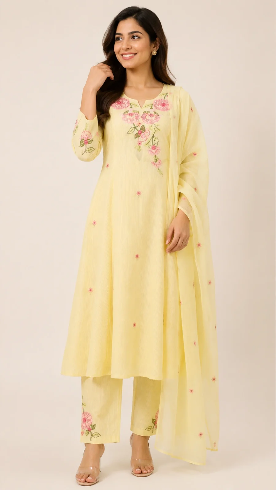 Pastel Yellow Floral Embroidered Kurta Set with Dupatta
