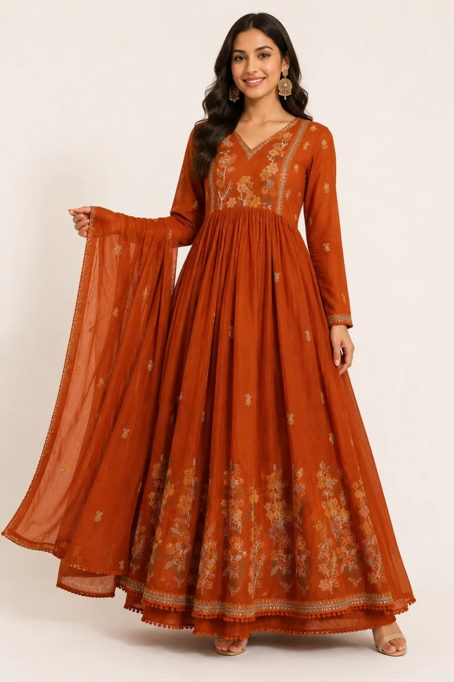 Rust Orange Floral Embroidered Anarkali Gown with Dupatta