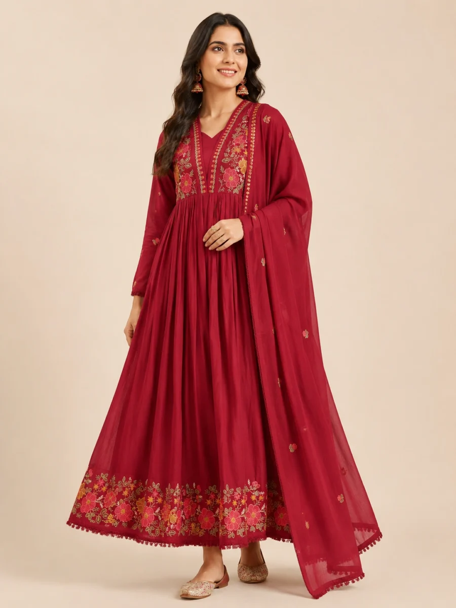 Crimson Bloom Embroidered Anarkali Suit Set