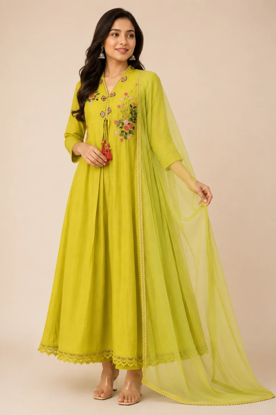 Lime Bloom Embroidered Anarkali Kurta & Dupatta Set