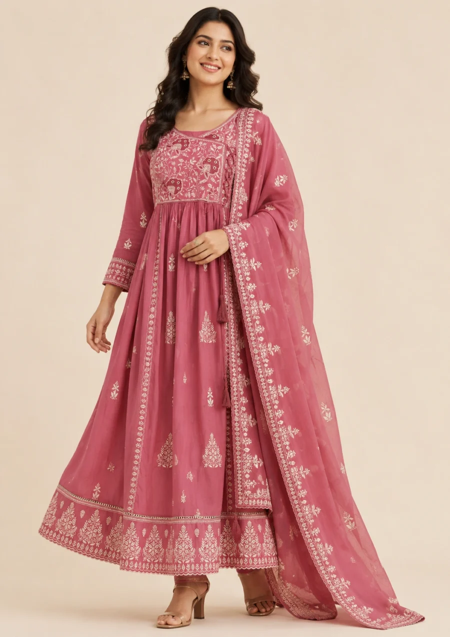Dusty Rose Embroidered Anarkali Suit Set with Dupatta