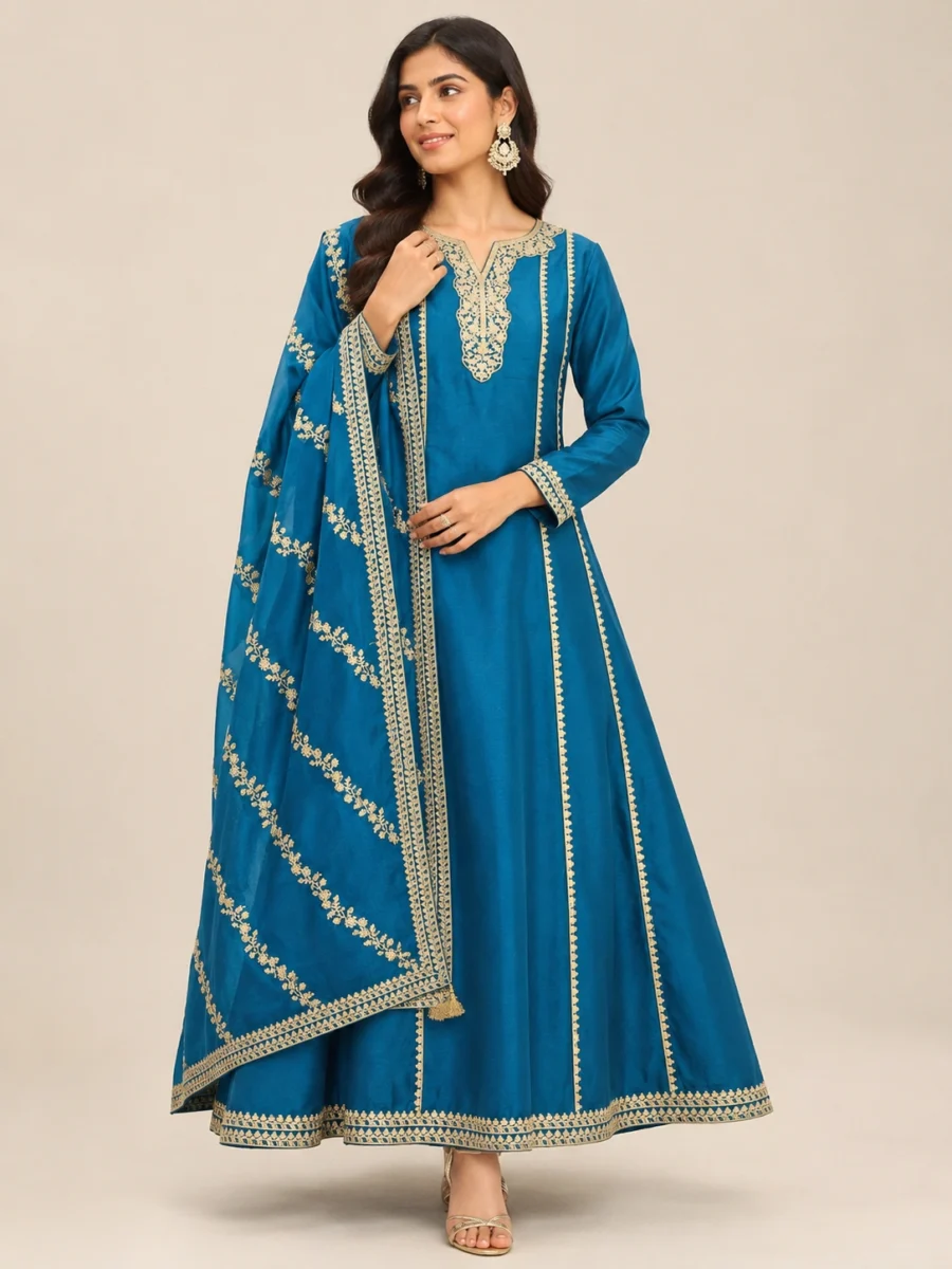 Royal Teal Blue Embroidered Anarkali Suit with Dupatta