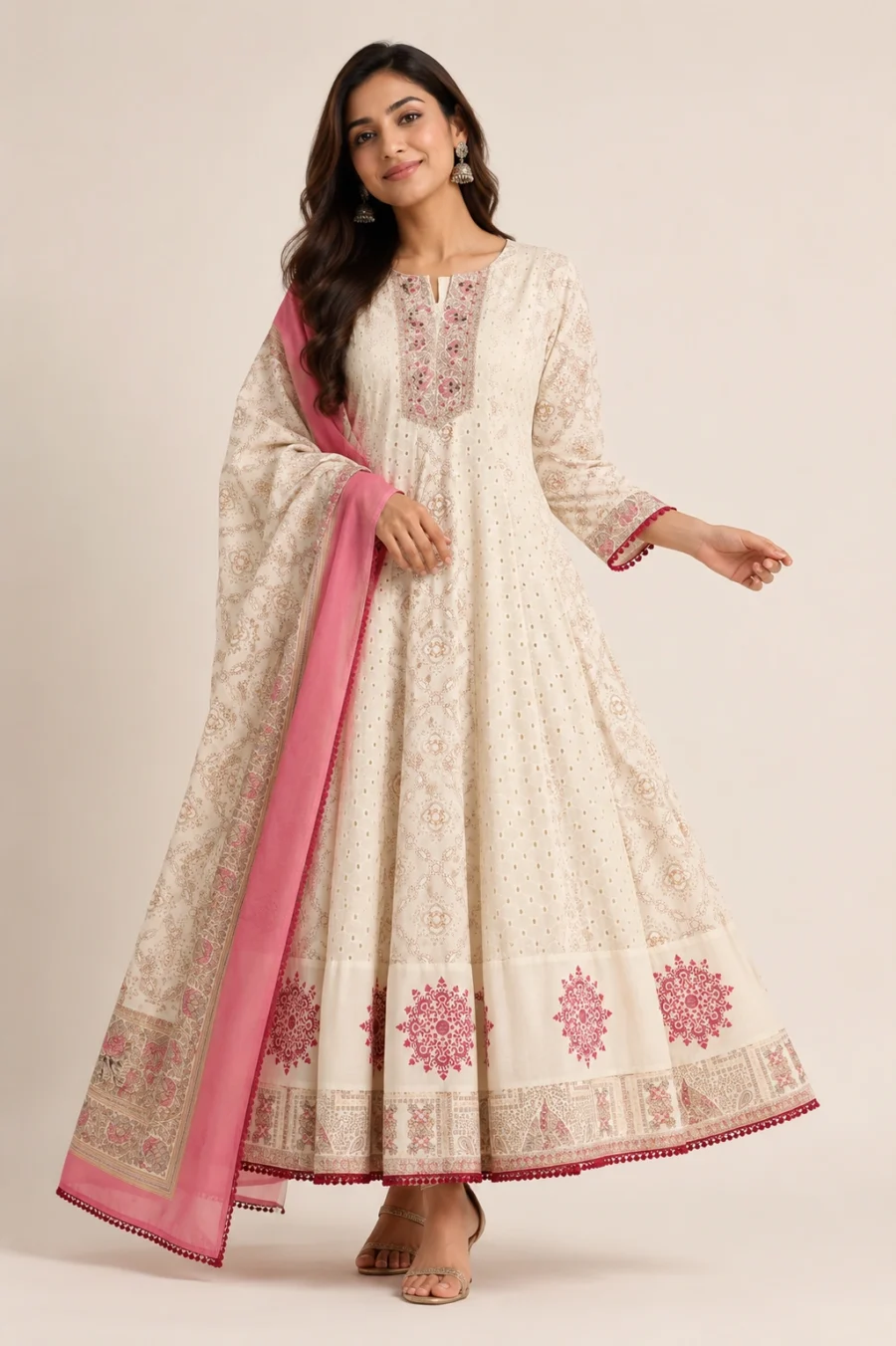 Ivory Rose Printed Anarkali Suit Set with Pink Dupatta