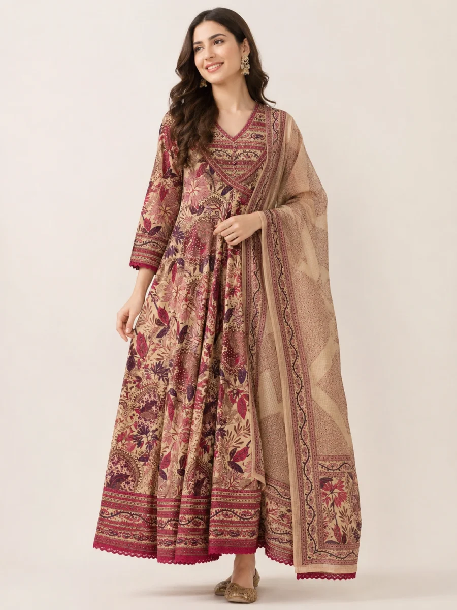 Beige & Rose Heritage Print Anarkali Suit Set with Dupatta