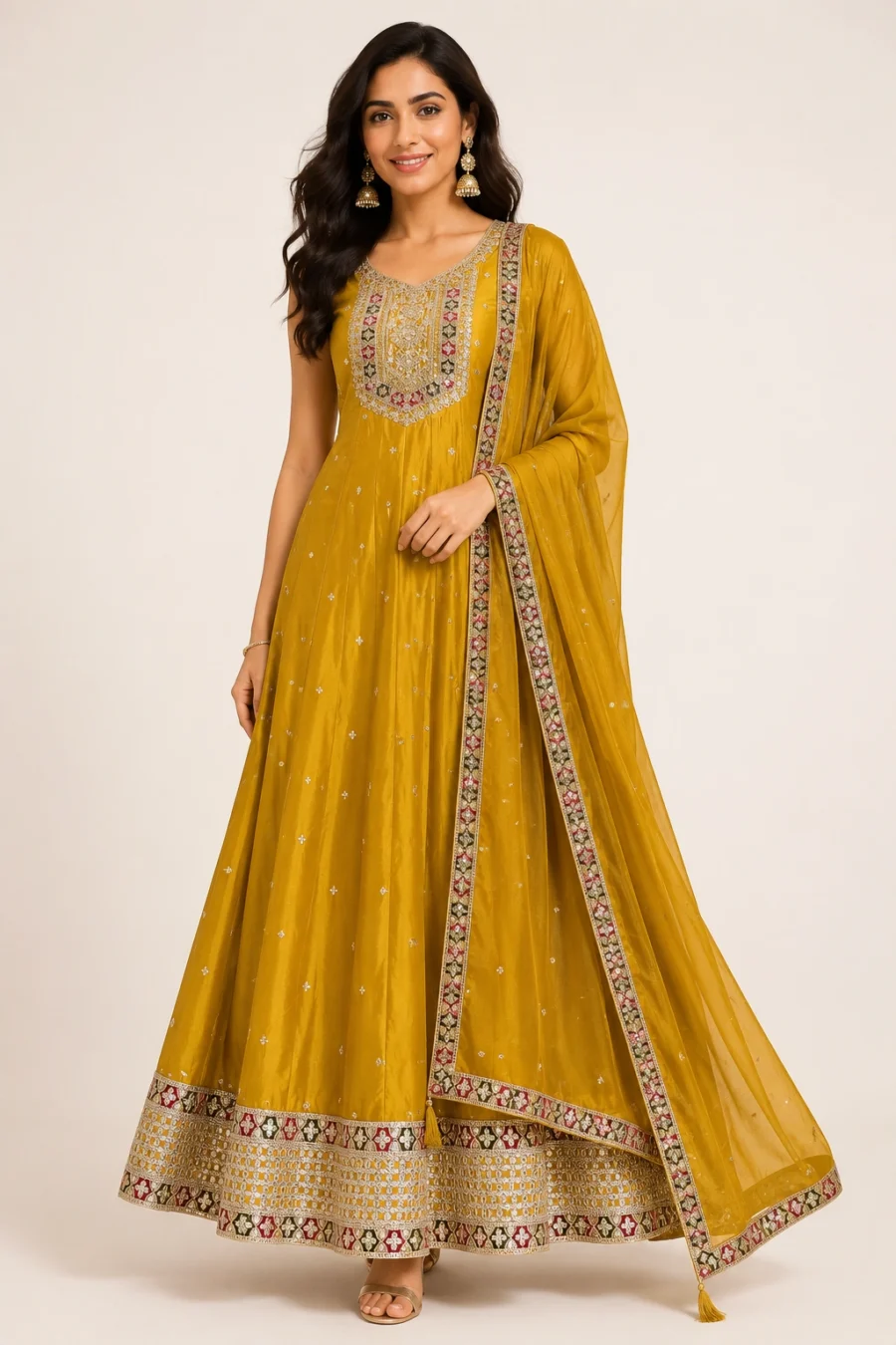 Mustard Gold Embroidered Anarkali Gown with Dupatta