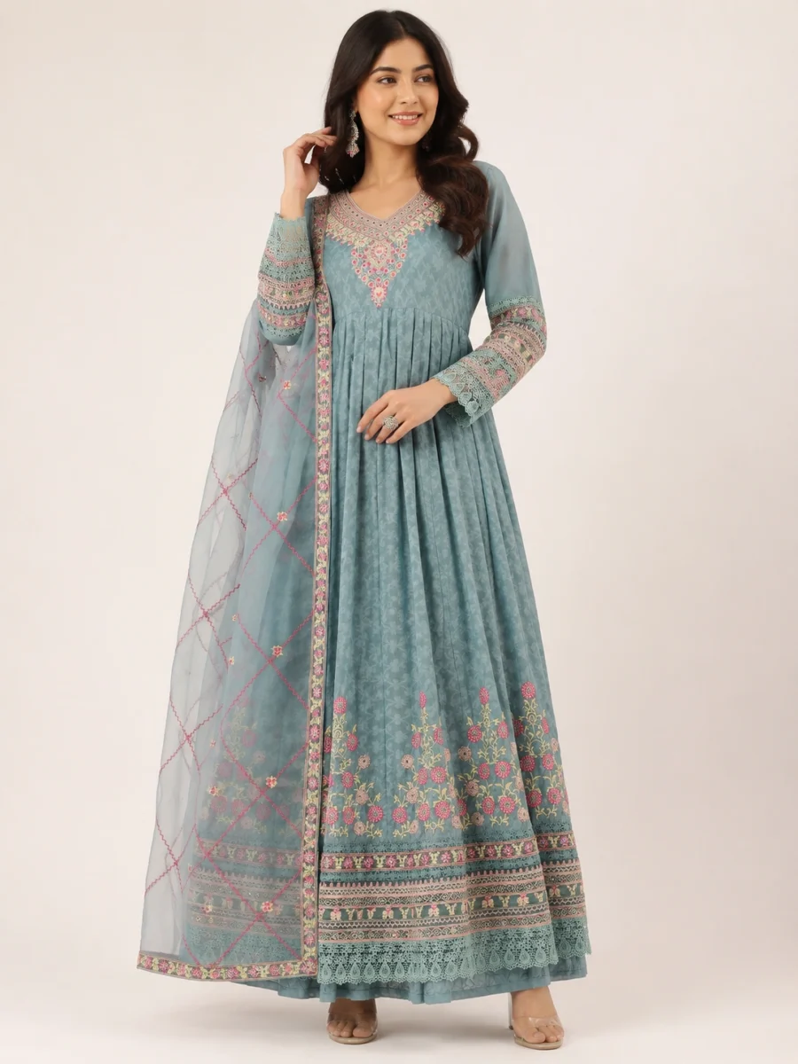 Dusty Blue Floral Embroidered Anarkali Gown with Sheer Dupatta