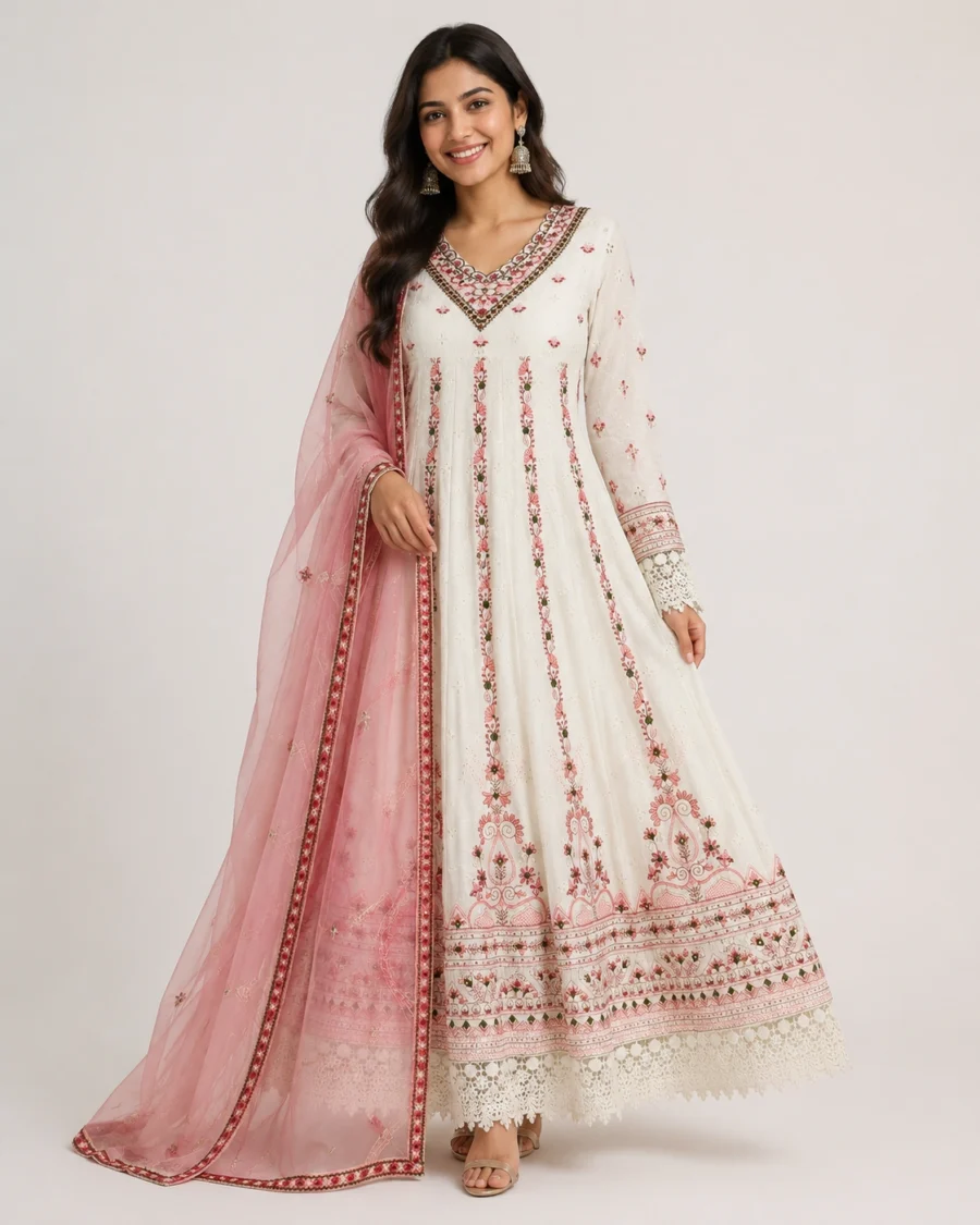 Ivory Rose Embroidered Anarkali Suit Set