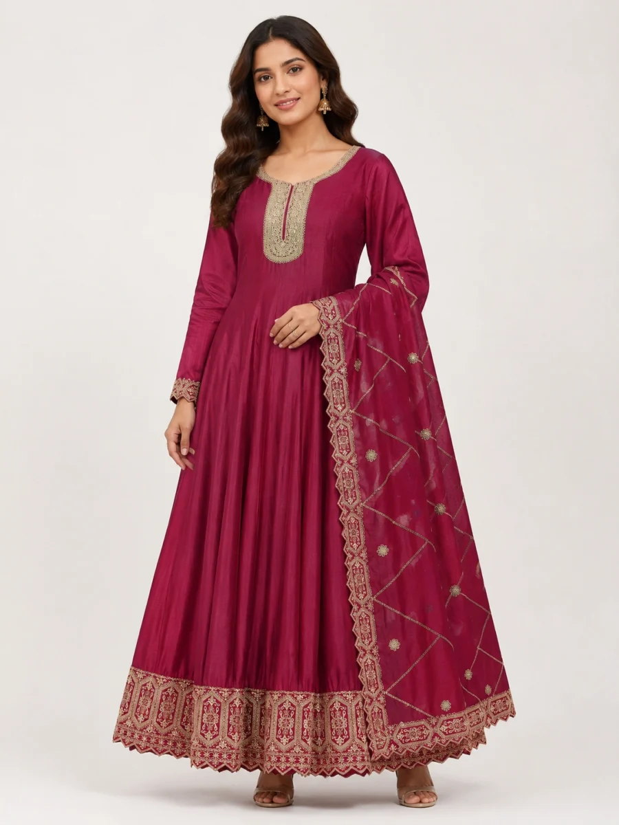 Royal Wine Zari Embroidered Anarkali Suit Set