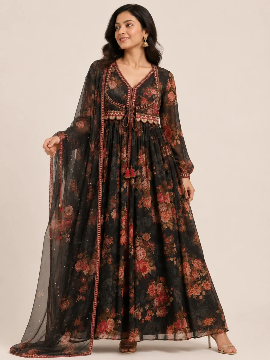 Midnight Rose Floral Anarkali Suit Set
