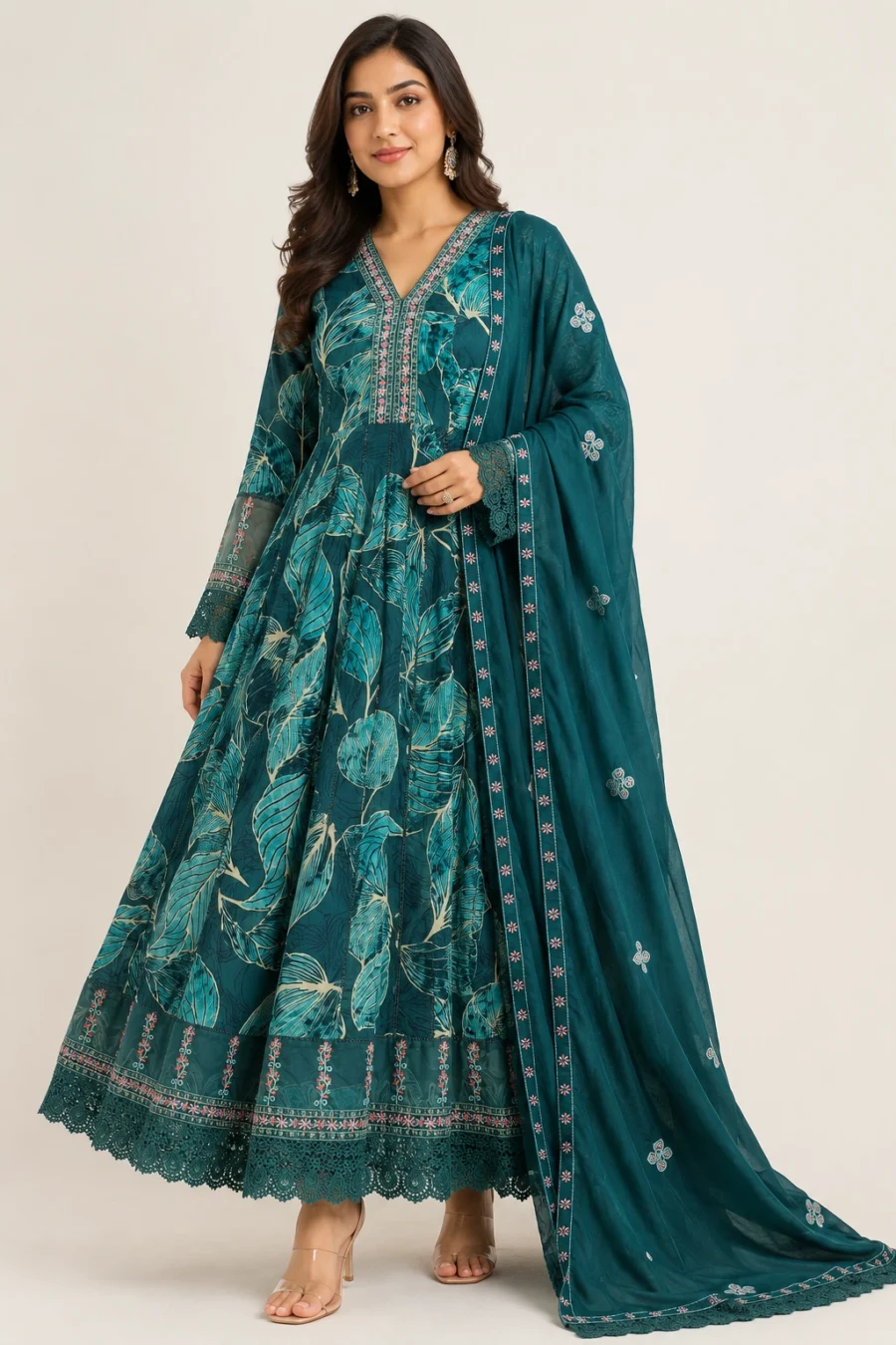 Emerald Teal Botanical Anarkali Suit Set