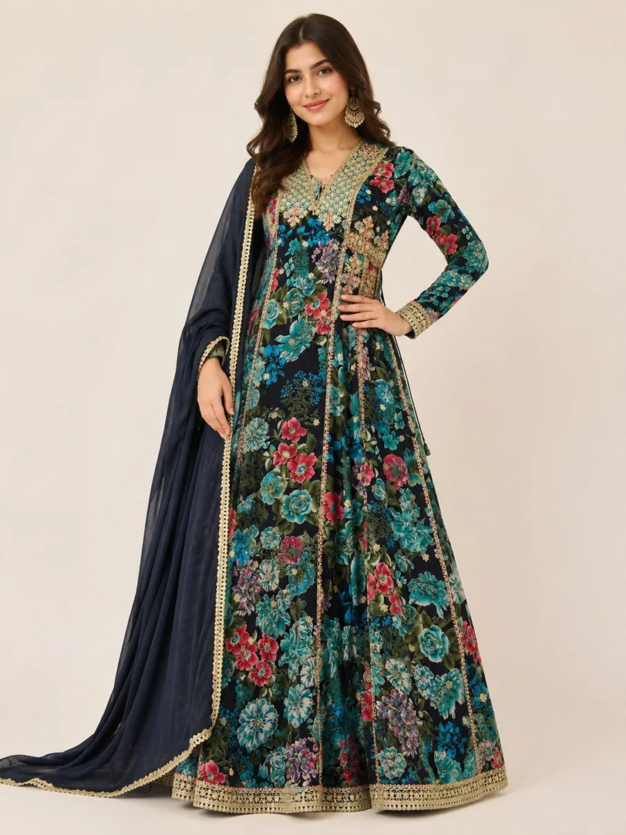 Midnight Bloom Embellished Floral Anarkali Suit