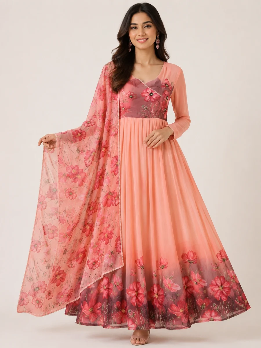 Peach Blossom Floral Anarkali Gown Set