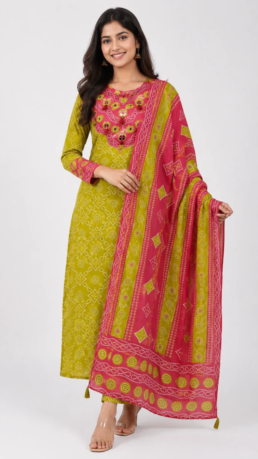Mehendi Green & Rani Pink Bandhani Print Embellished Suit Set