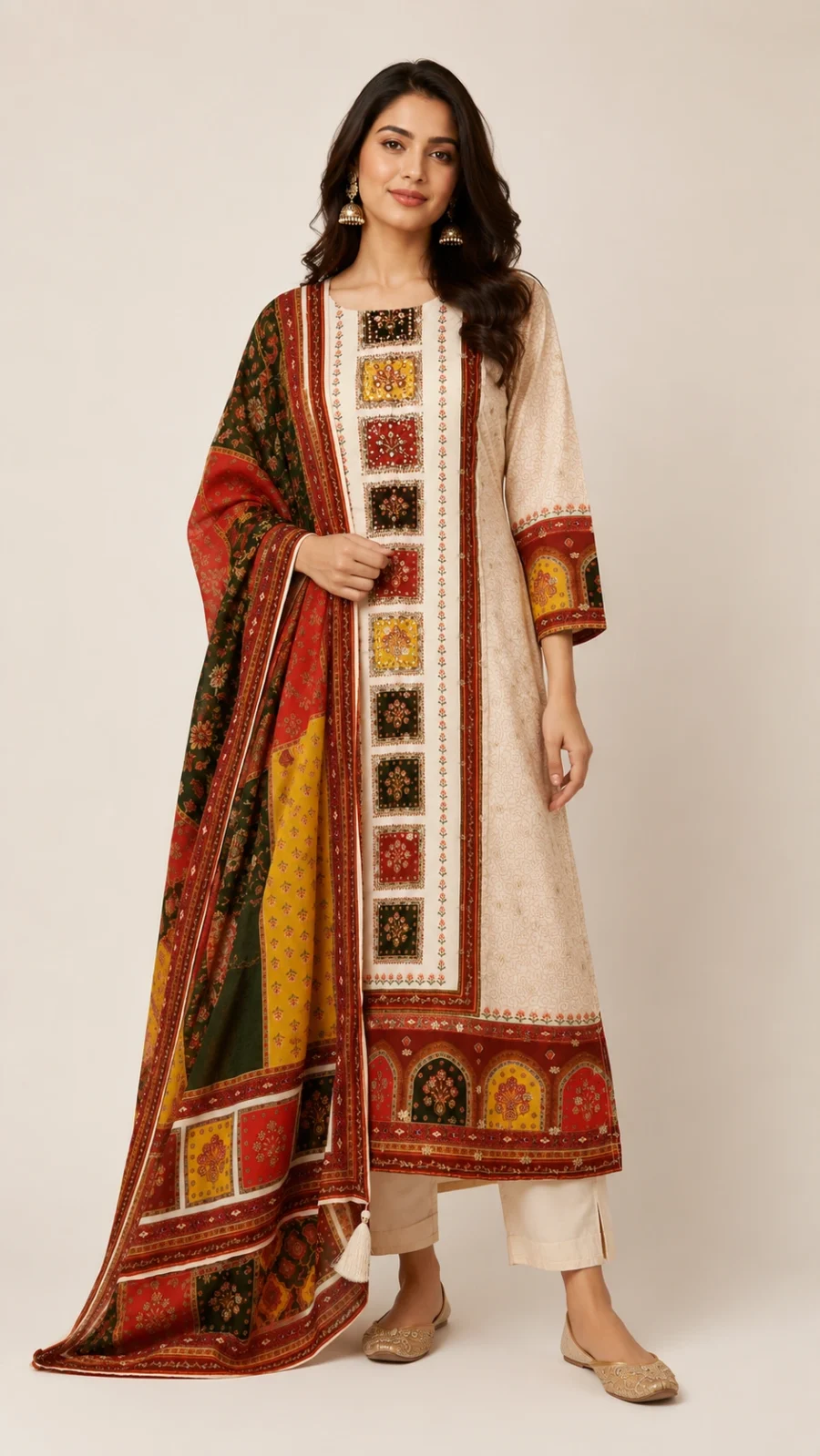 Ivory Heritage Printed Kurta Set with Multicolor Dupatta