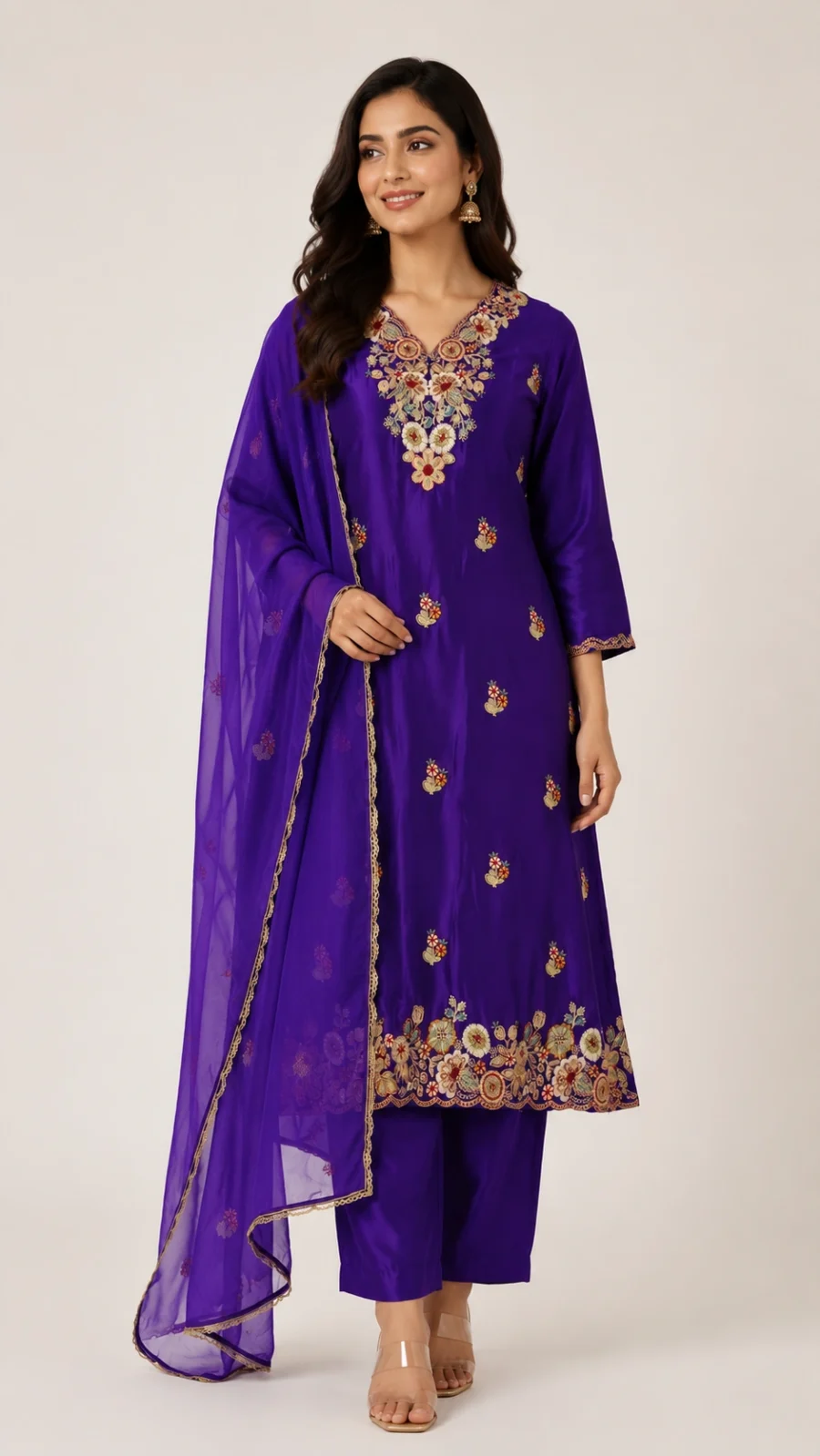 Royal Purple Floral Embroidered Kurta Palazzo Set with Dupatta