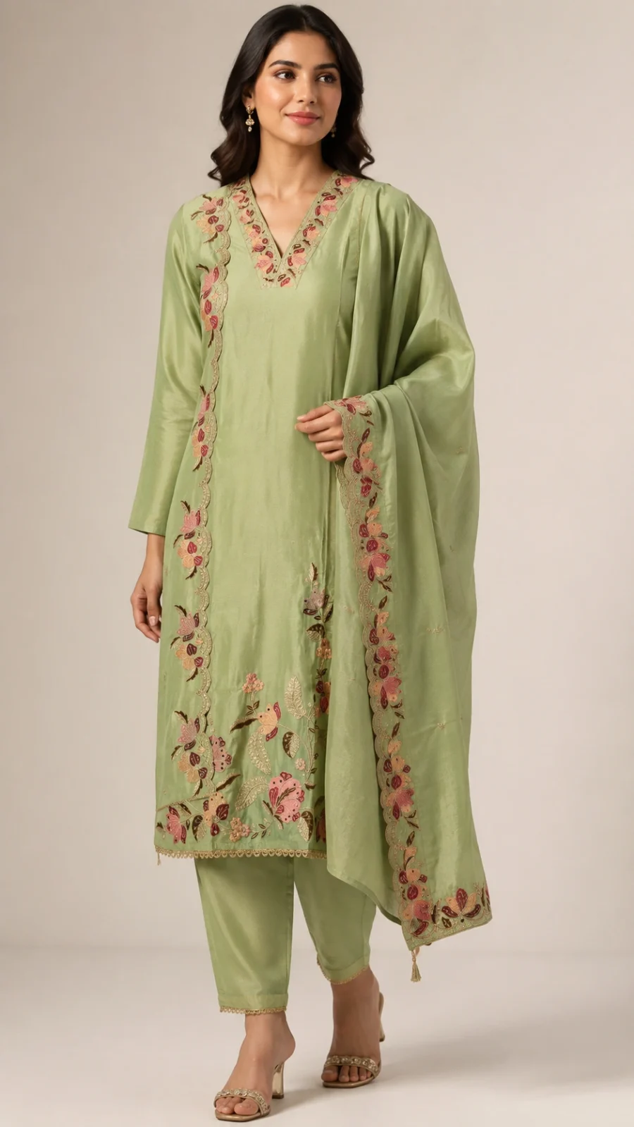 Sage Green Floral Embroidered Kurta Set with Dupatta