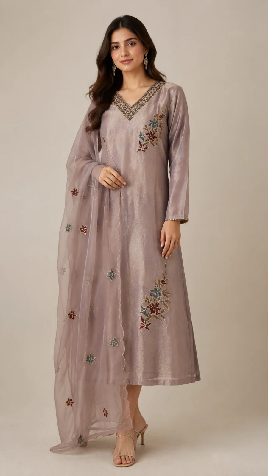 Mauve Shimmer Embroidered Kurta Set with Floral Organza Dupatta