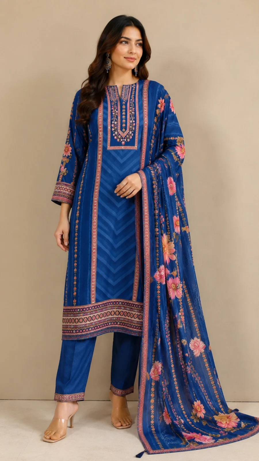 Royal Cobalt Blue Floral Printed 3-Piece Kurta Set with Dupatta