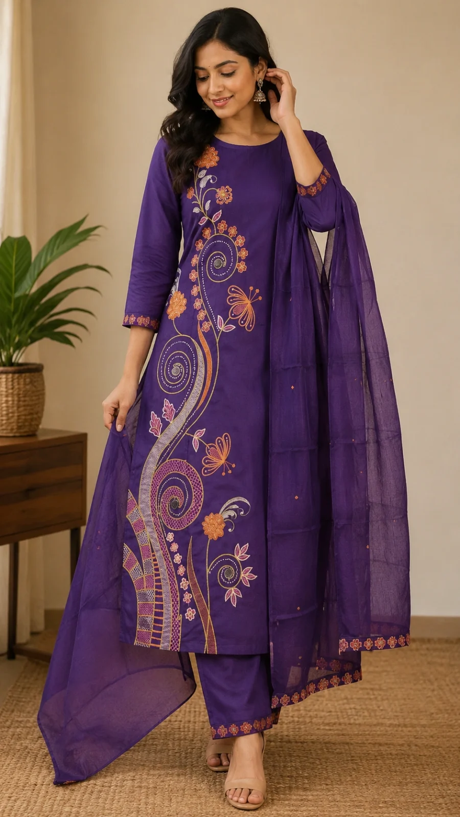 Women's Purple Floral Embroidered Cotton Blend Kurta Set with Dupatta