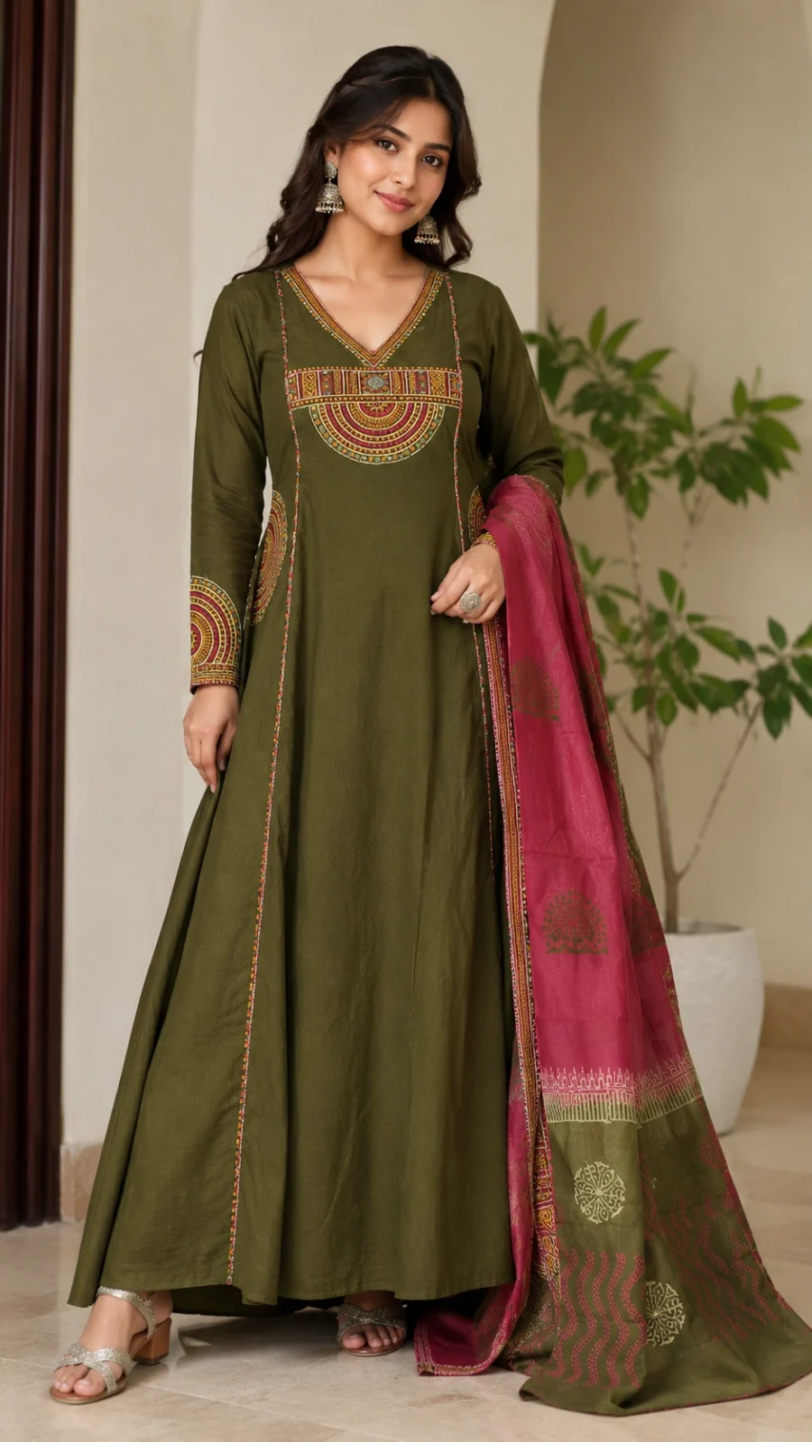 Olive Green Embroidered Anarkali Suit Set with Pink Woven Dupatta