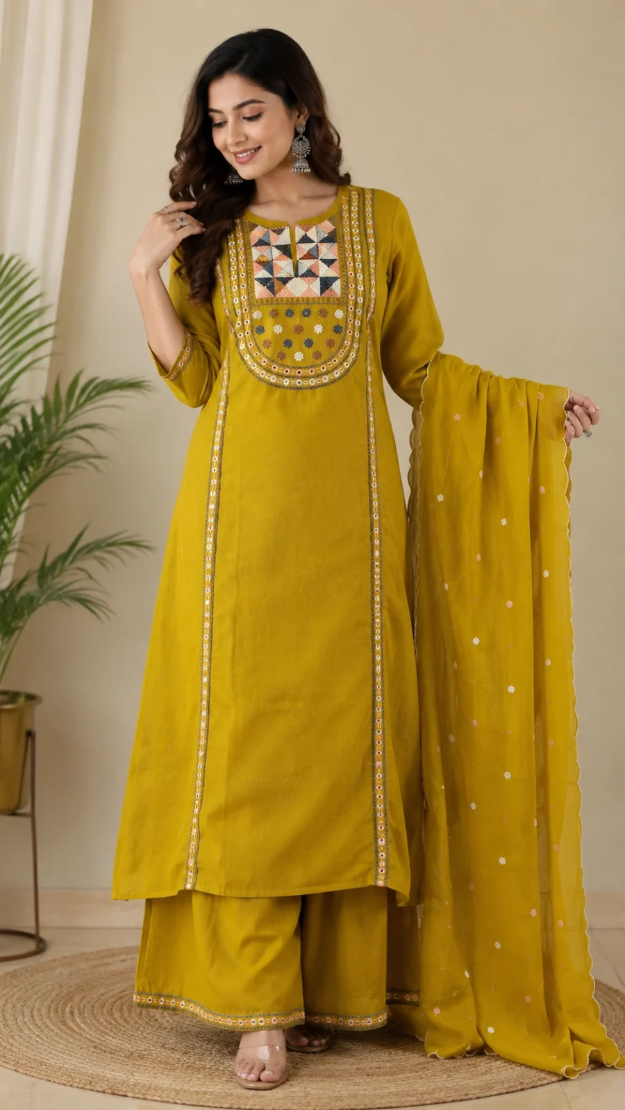 Mustard Yellow Embroidered Straight Kurta Set with Dupatta for Women