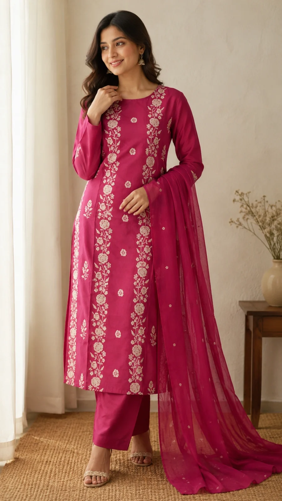 Magenta Floral Embroidered Straight Kurta Set with Dupatta