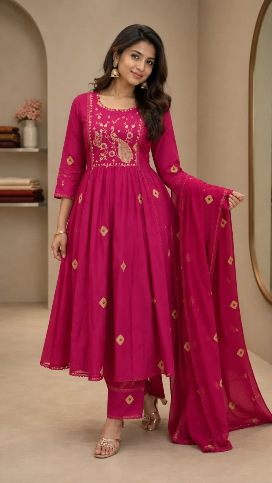 Rani Pink Embroidered Anarkali Suit Set with Dupatta