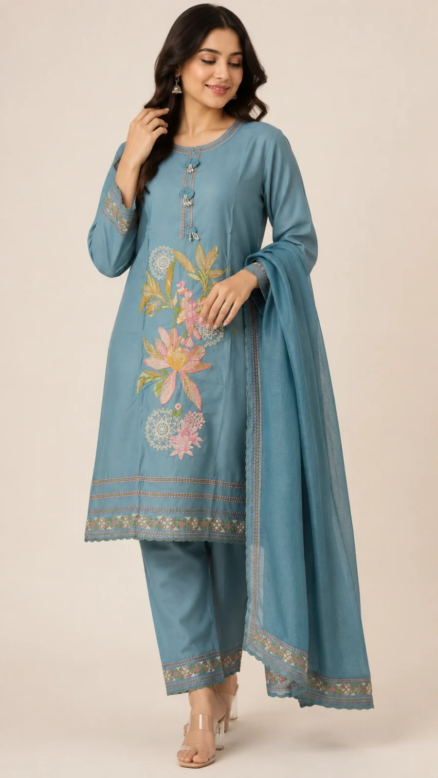 Sky Blue Floral Embroidered Straight Kurta Set with Dupatta