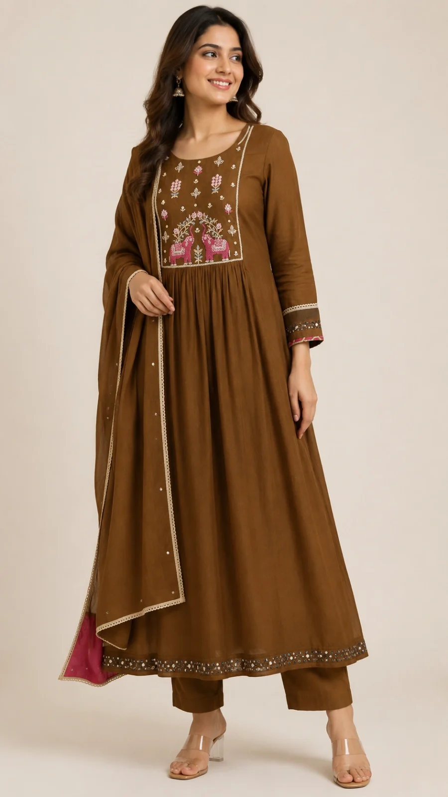 Brown Embroidered Anarkali Kurta Set with Dupatta