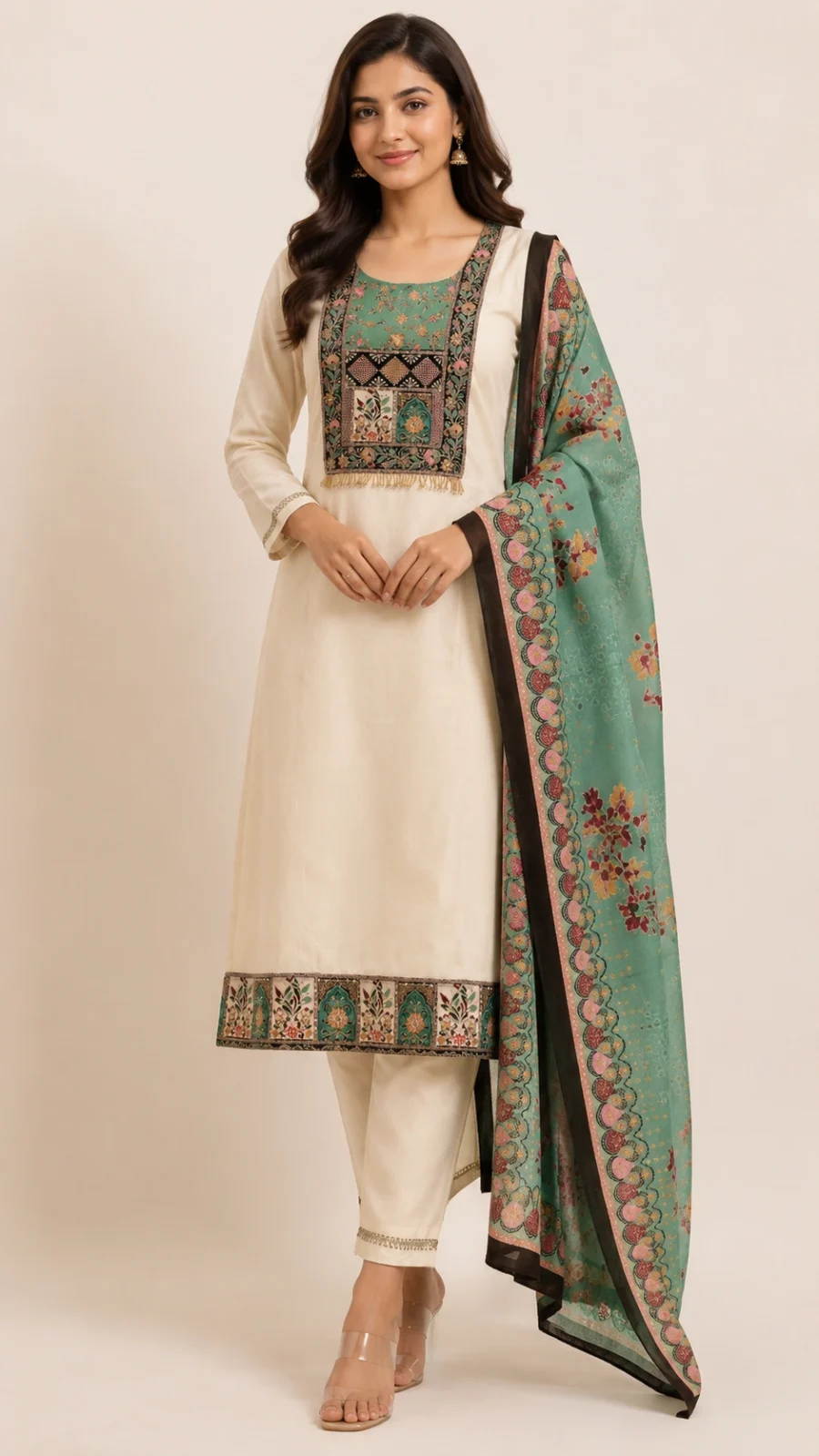 Cream Embroidered Straight Kurta Set with Printed Dupatta
