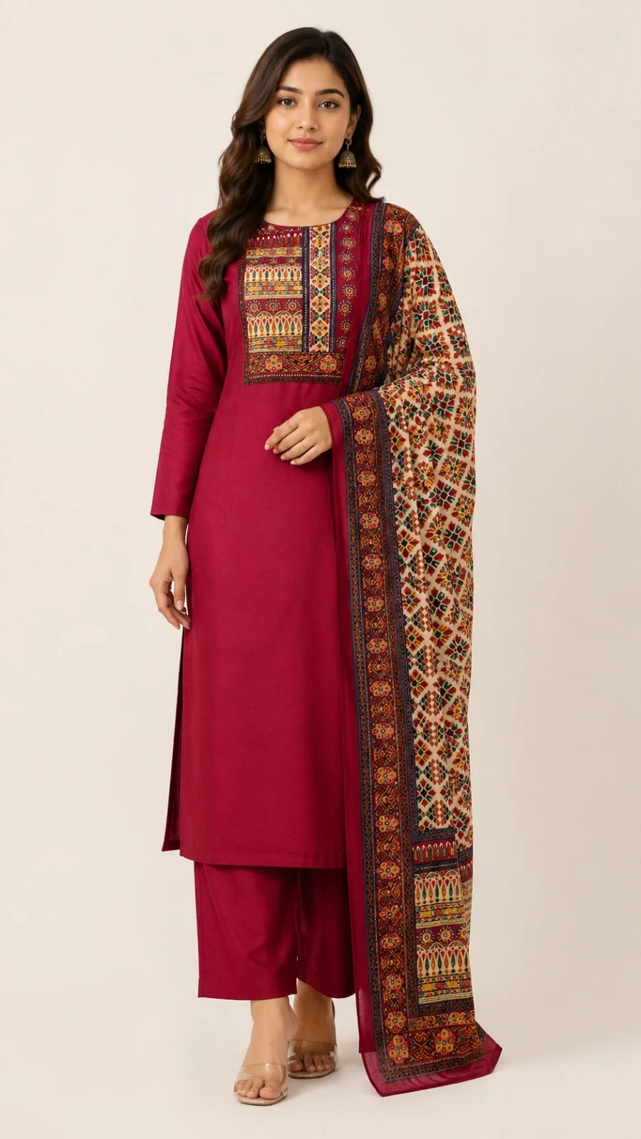 Maroon Embroidered Straight Kurta Set with Printed Dupatta