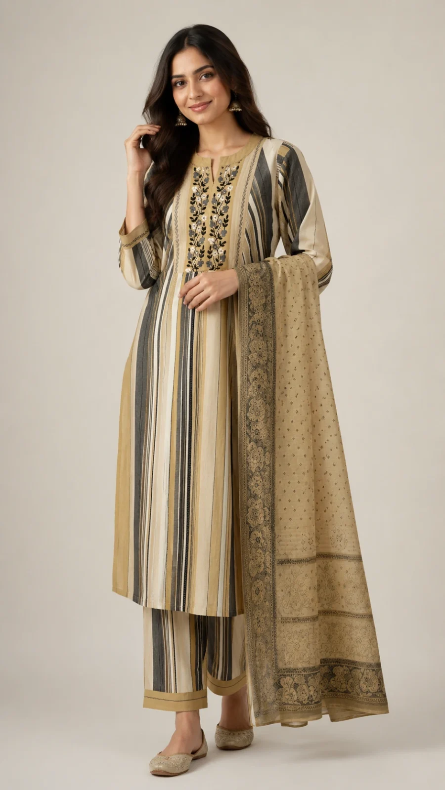 Beige & Charcoal Striped Embroidered Kurta Set with Printed Dupatta