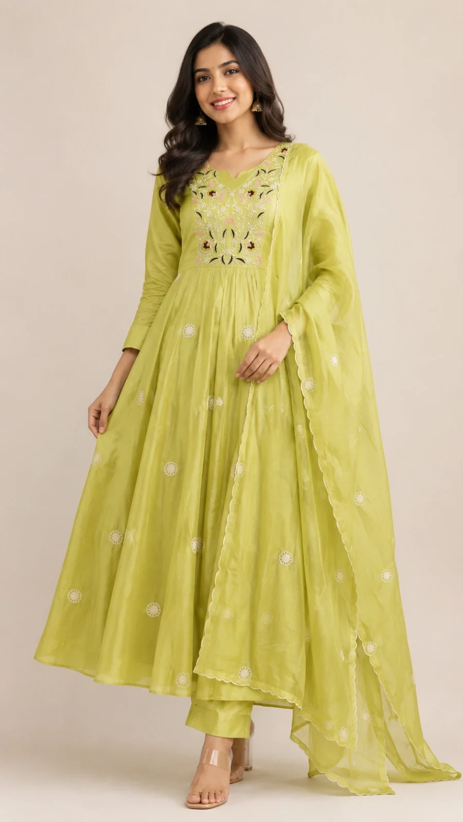 Lime Green Embroidered Anarkali Suit Set with Dupatta