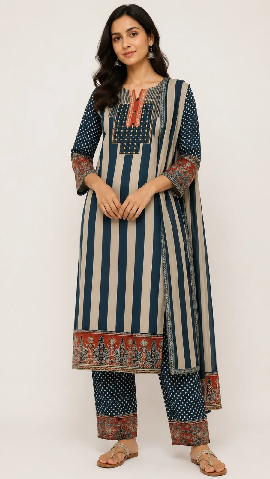 Navy Blue & Beige Vertical Stripe Printed Kurta Set with Dupatta