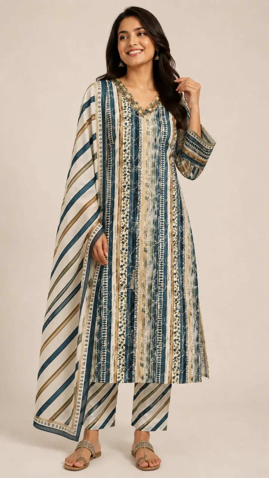 Women's Blue & Beige Abstract Stripe Printed Kurta Pant Set