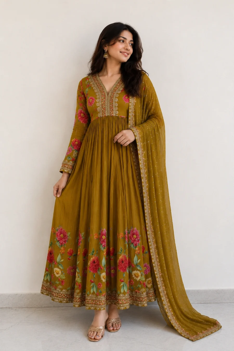 Mustard Floral Printed Embroidered Anarkali Suit Set