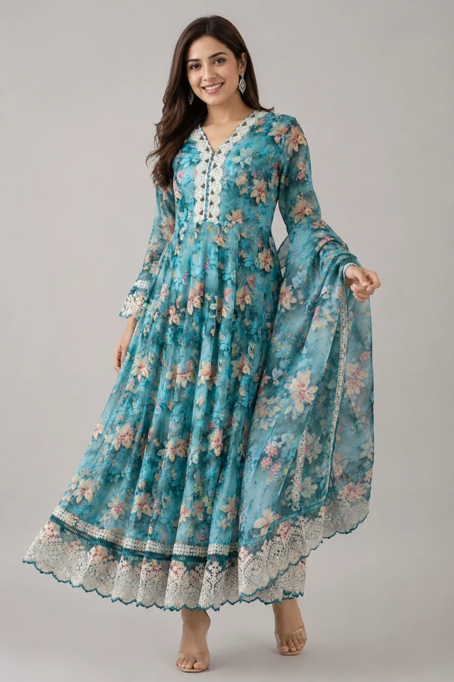 Aqua Bloom Floral Embroidered Anarkali Suit Set
