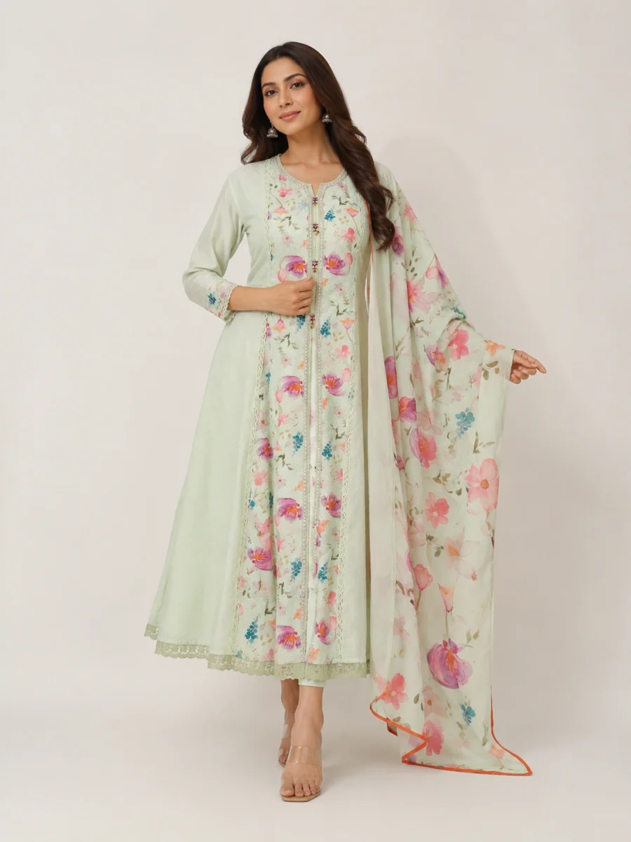 Mint Blossom Floral Anarkali Suit Set with Dupatta