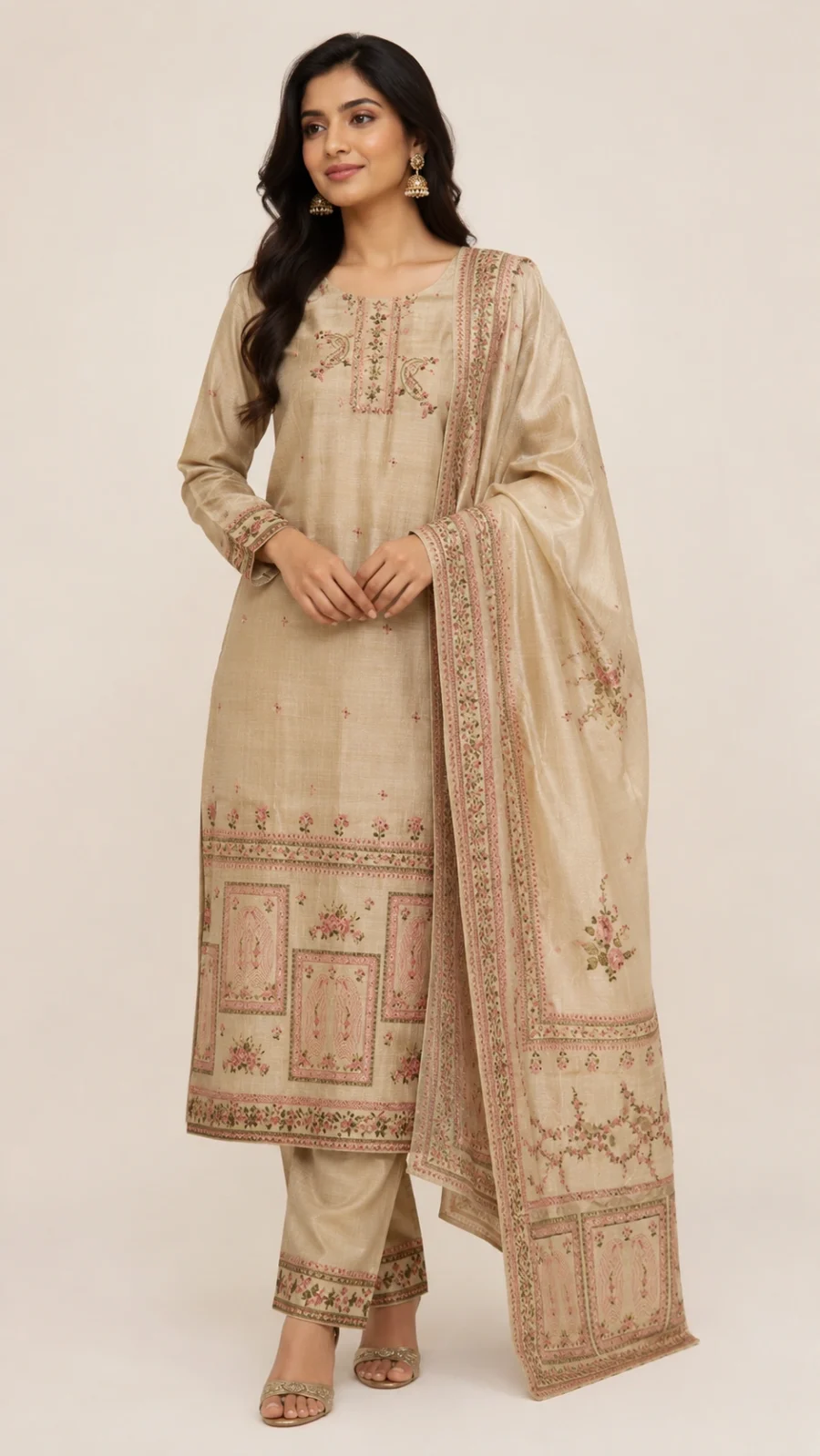 Beige Floral Heritage Print Straight Suit Set with Dupatta