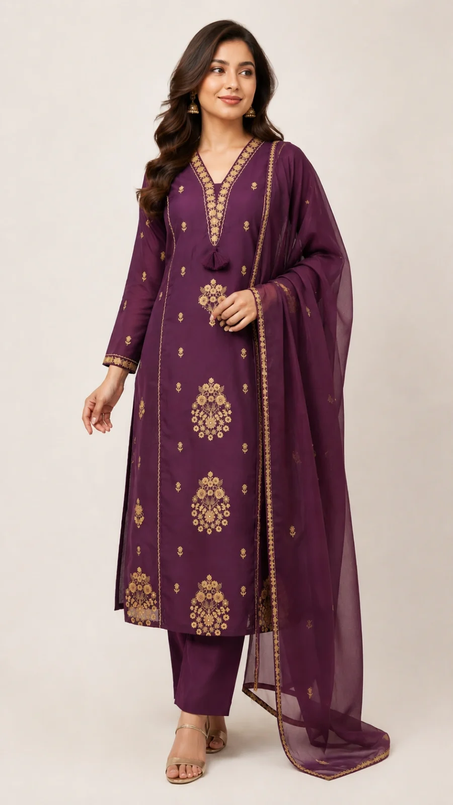 Royal Plum Embroidered Kurta Set with Organza Dupatta
