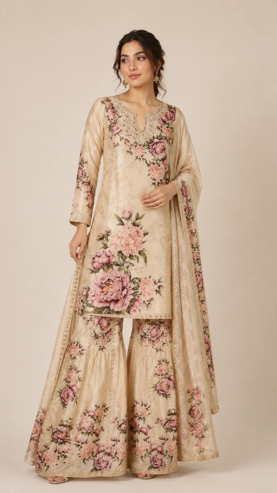 Cream Floral Printed Satin Sharara Suit Set with Dupatta