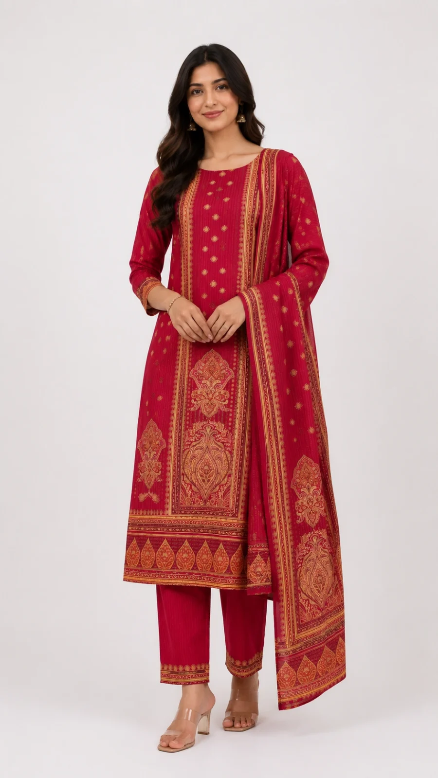 Crimson Red Ethnic Printed Kurta Pant & Dupatta Set