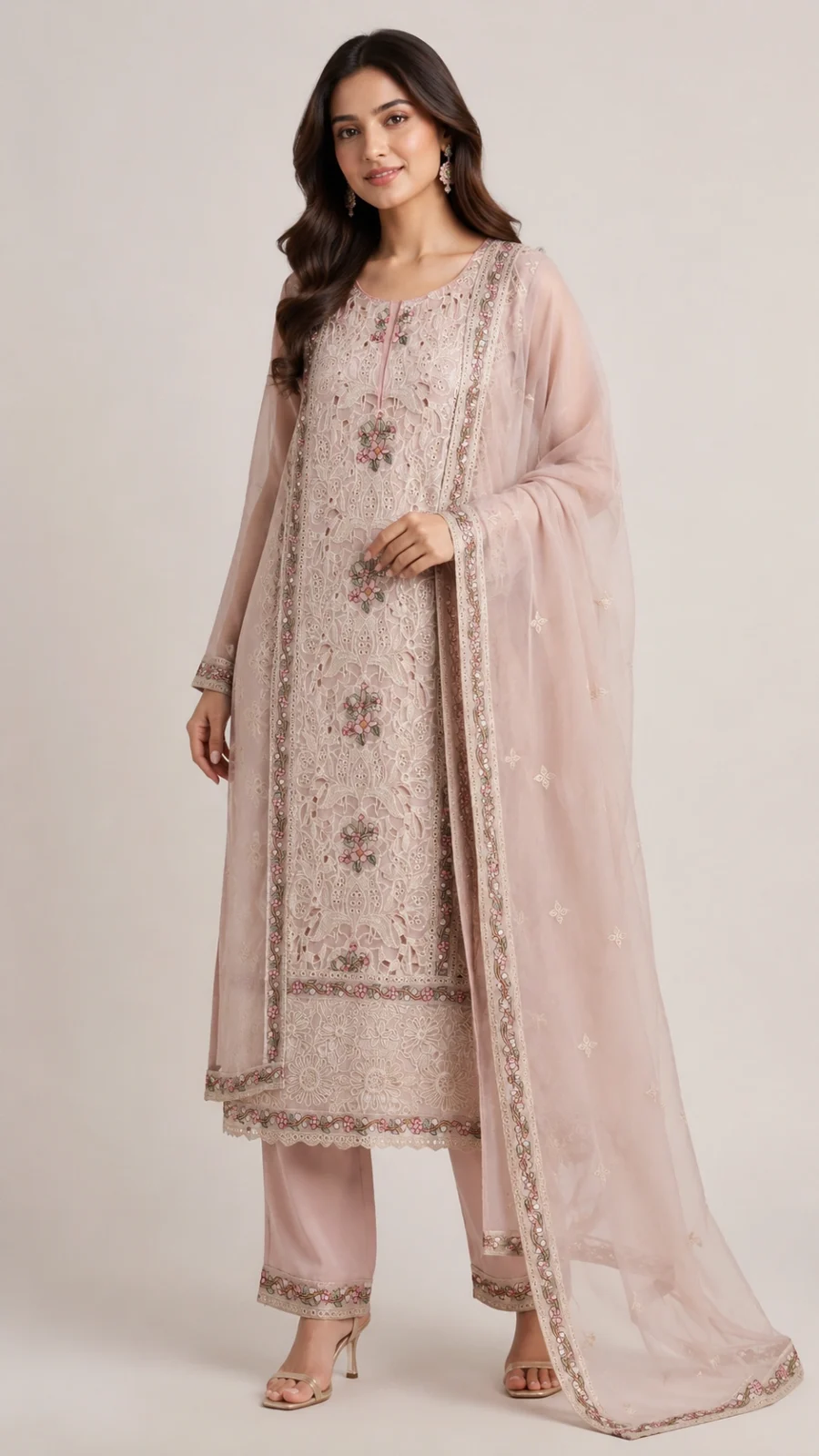Blush Pink Embroidered Lacework Kurta Set with Dupatta