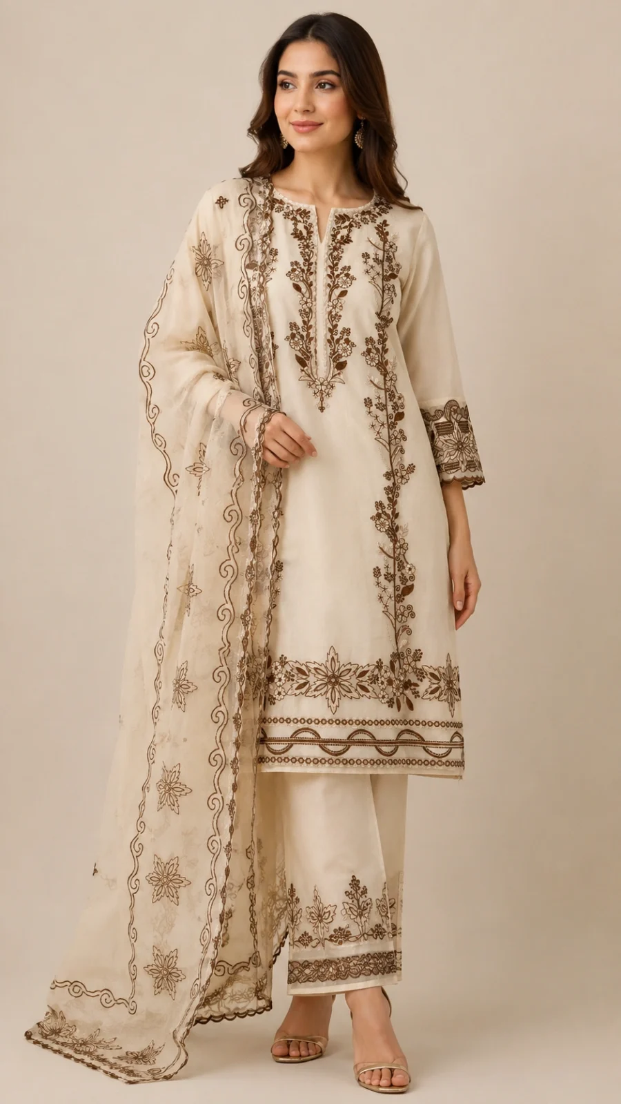 Ivory Elegance Brown Floral Embroidered Suit Set